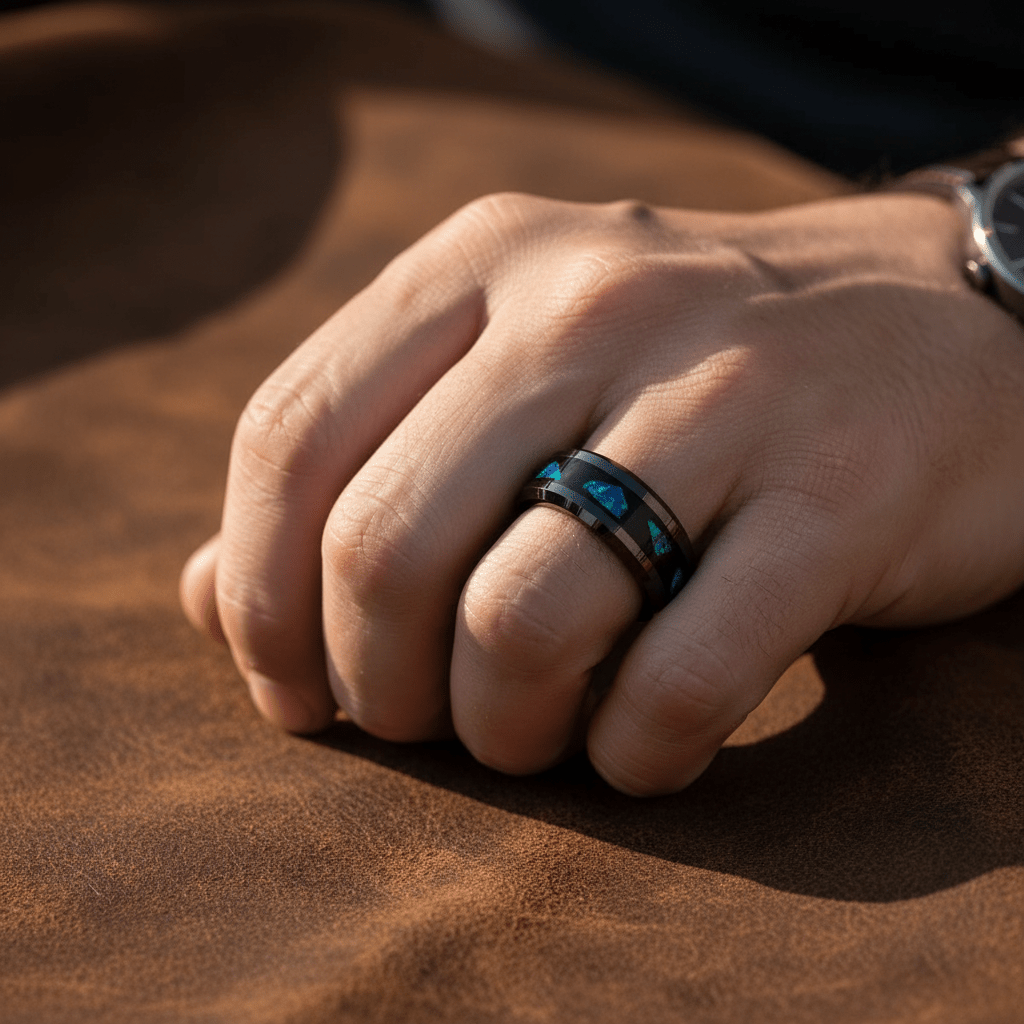 LUMINARIA — Lifestyle photo on hand — men's tungsten wedding ring.