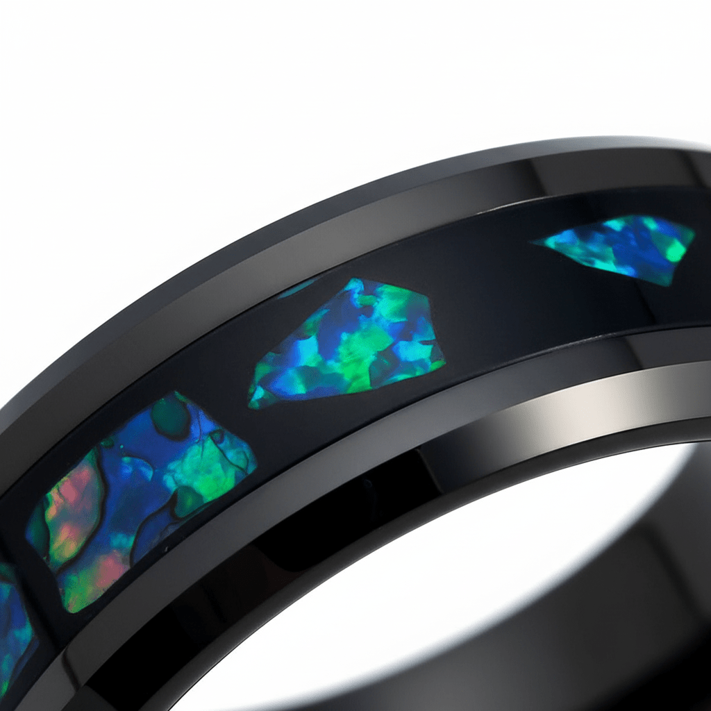 LUMINARIA — Extreme macro detail — men's tungsten wedding ring.