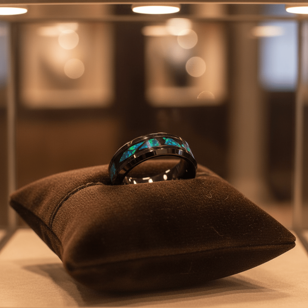 LUMINARIA — Premium boutique display on velvet — men's tungsten wedding ring.