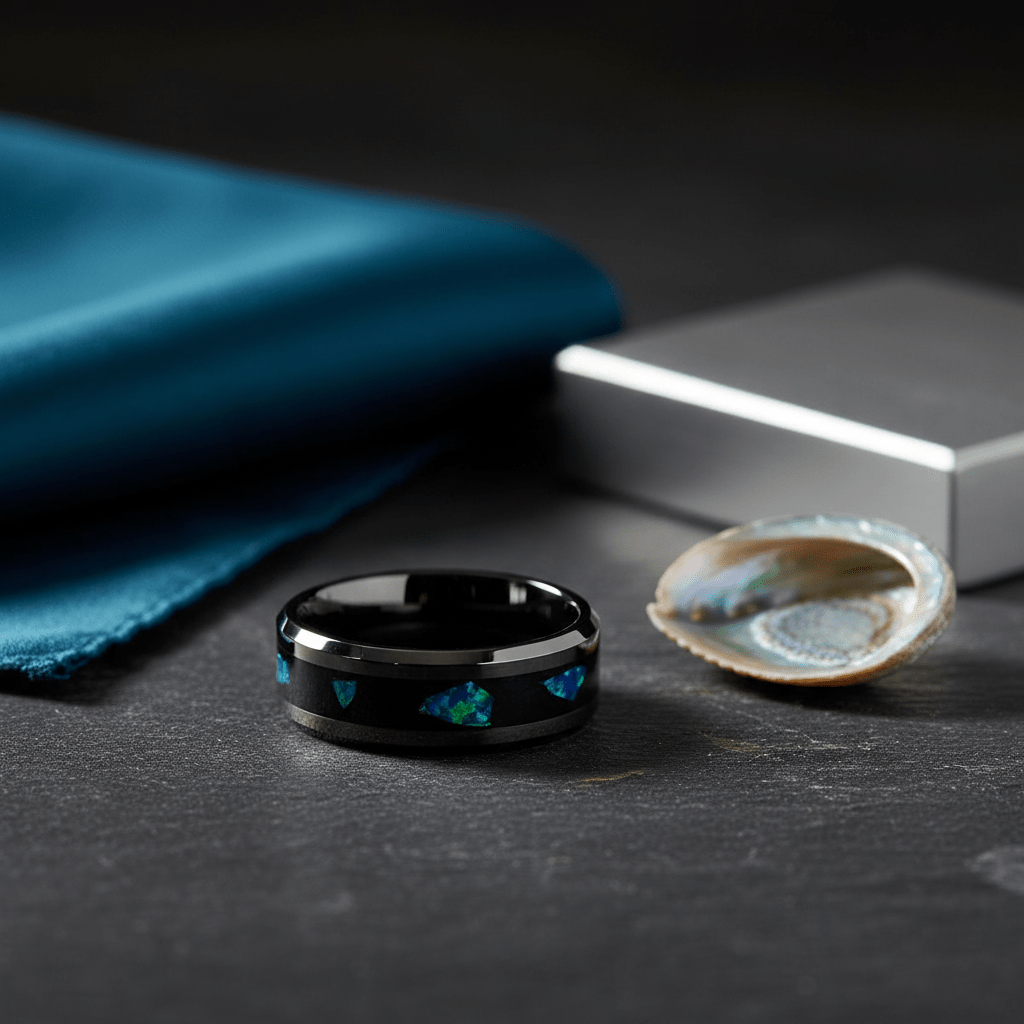 LUMINARIA — Editorial masculine still life — men's tungsten wedding ring.