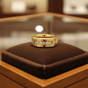 LUMINEX — Premium boutique display on velvet — men's tungsten wedding ring.