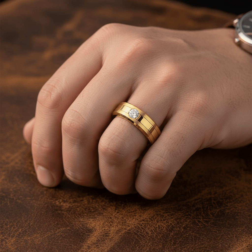 LUMINEX — Lifestyle photo on hand — men's tungsten wedding ring.