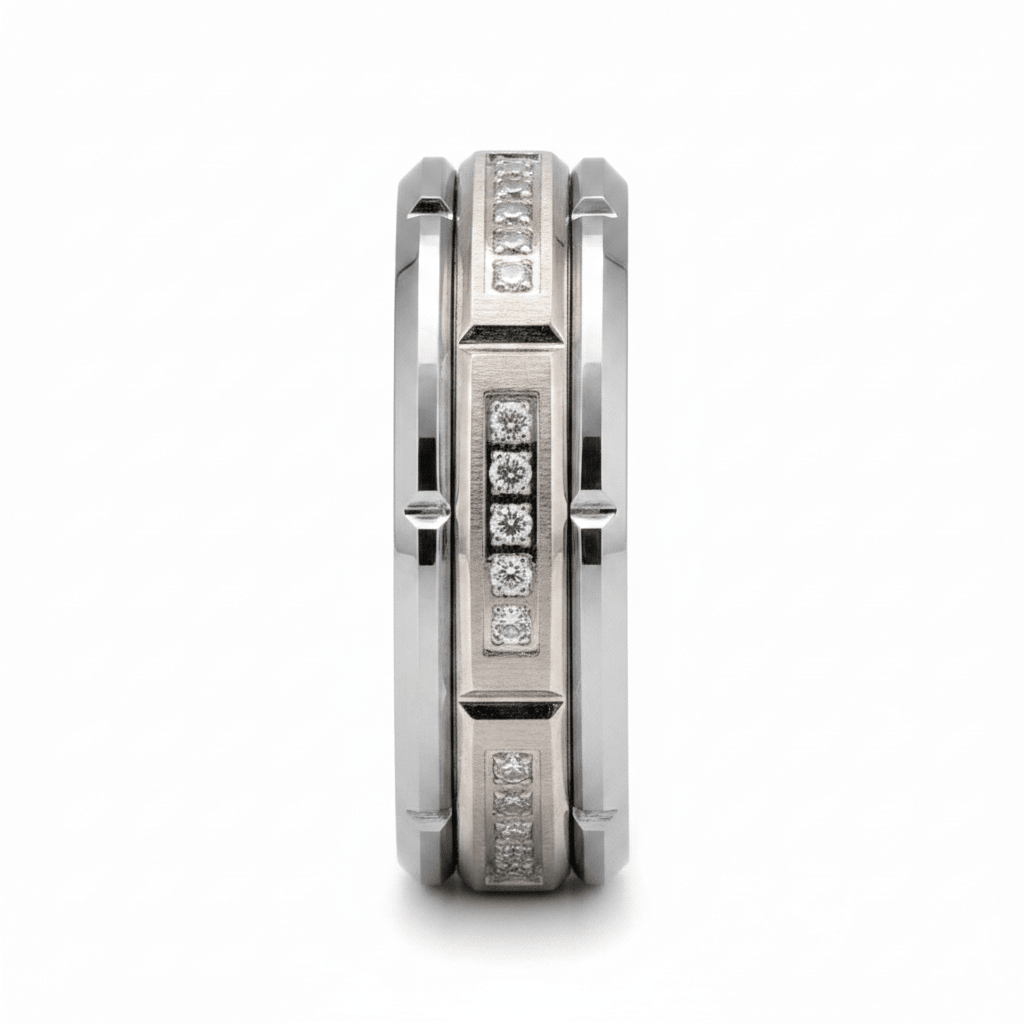 LUMORA — Front-facing straight-on view — men's tungsten wedding ring.