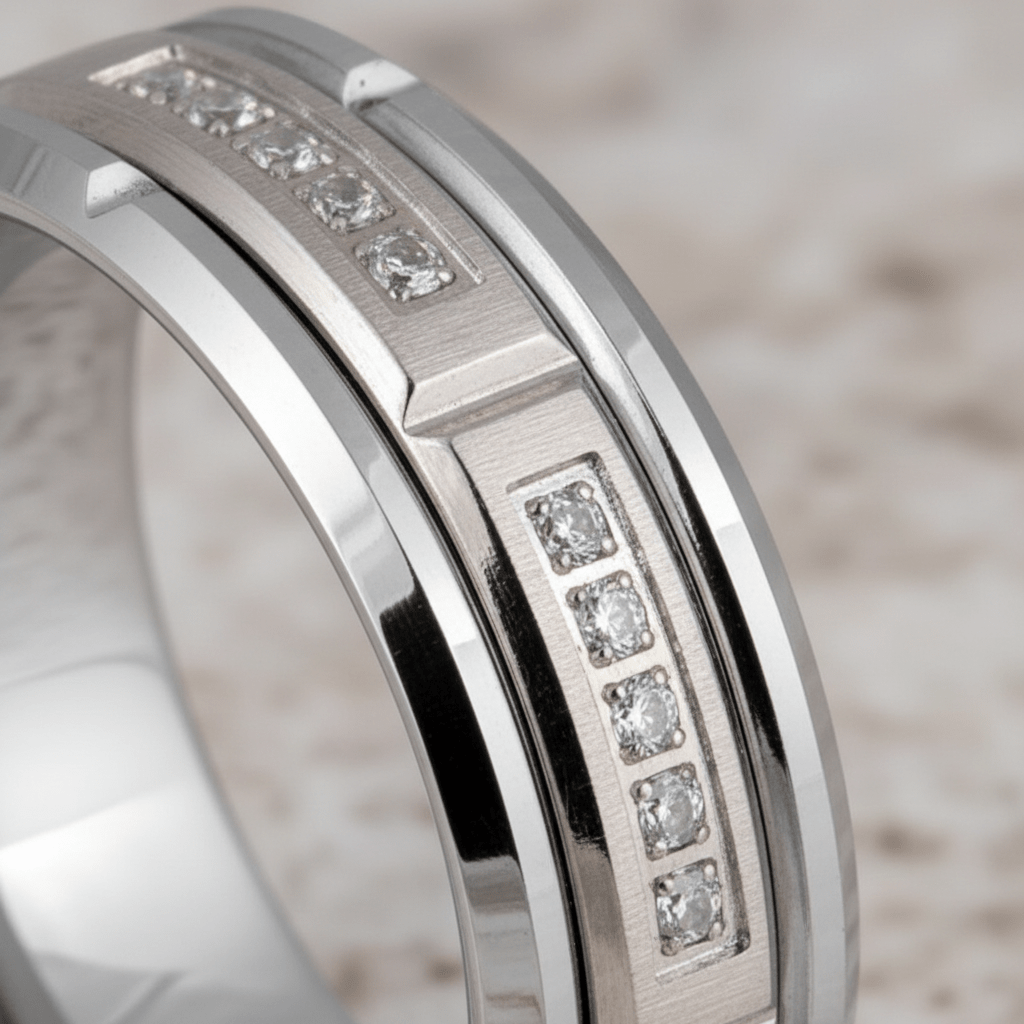 LUMORA — Extreme macro detail — men's tungsten wedding ring.