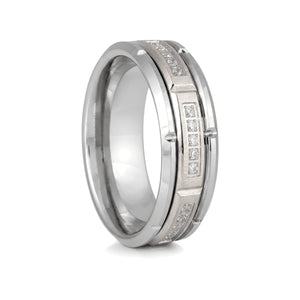 LUMORA silver tungsten ring with sectional white CZ accents and beveled edges - front view