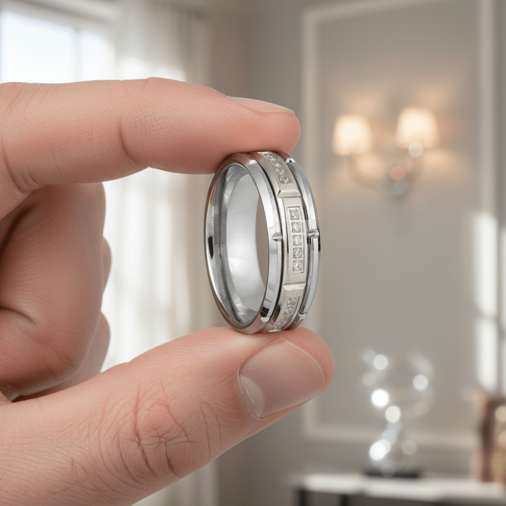 LUMORA — Held between fingers close-up — men's tungsten wedding ring.