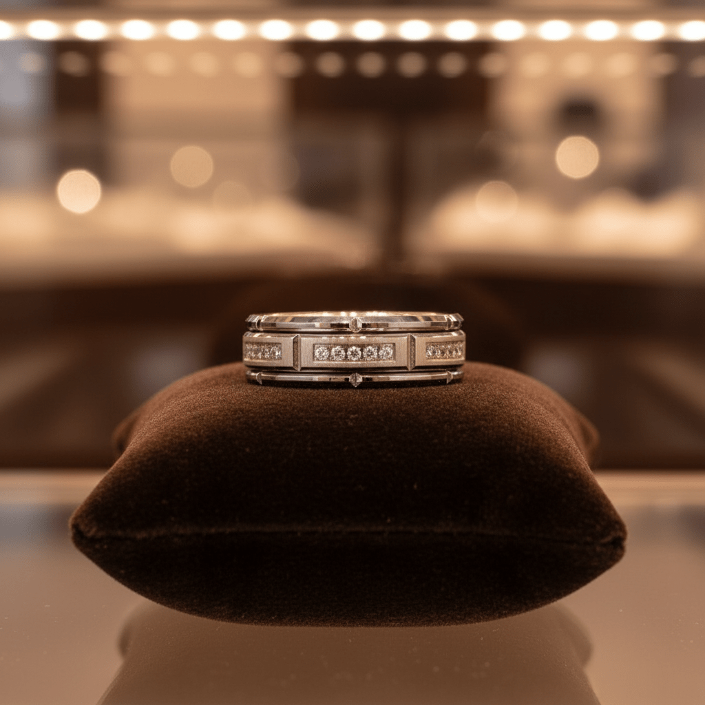 LUMORA — Premium boutique display on velvet — men's tungsten wedding ring.