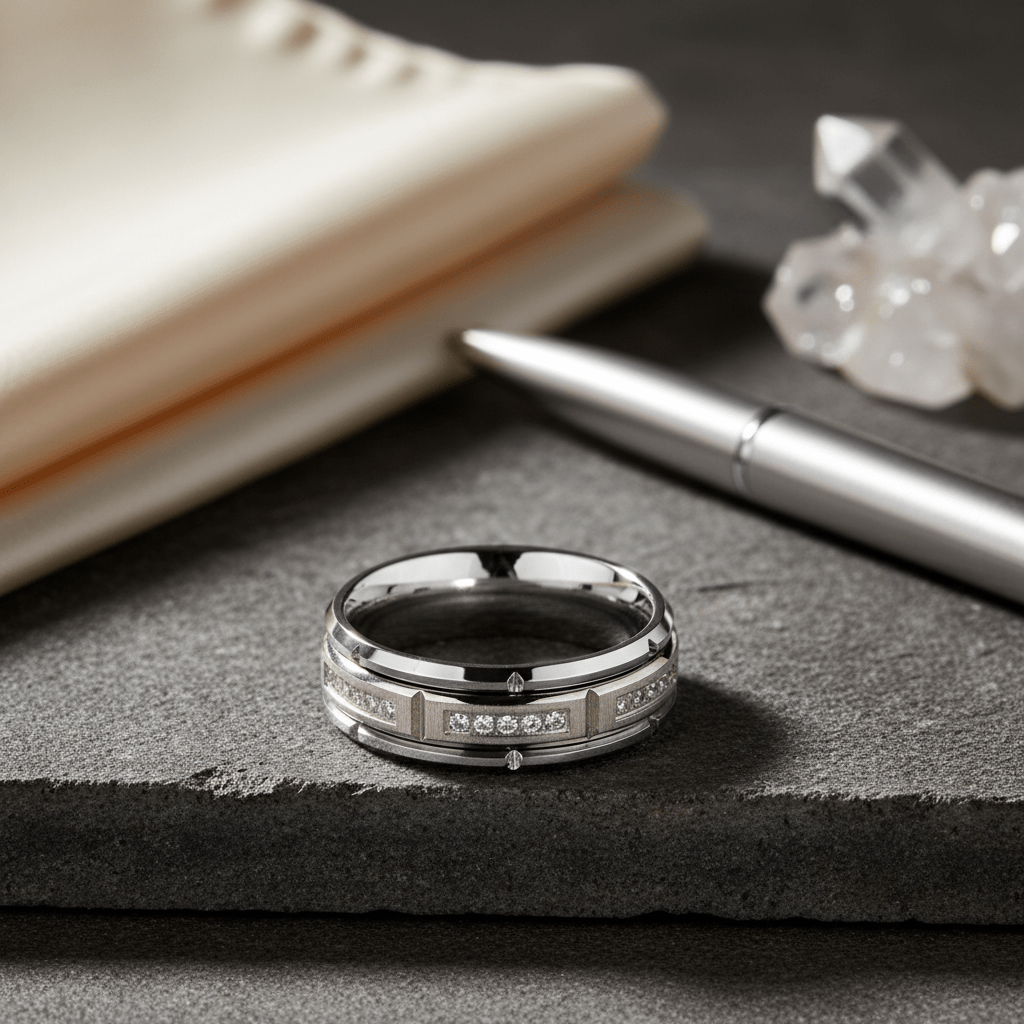 LUMORA — Editorial masculine still life — men's tungsten wedding ring.