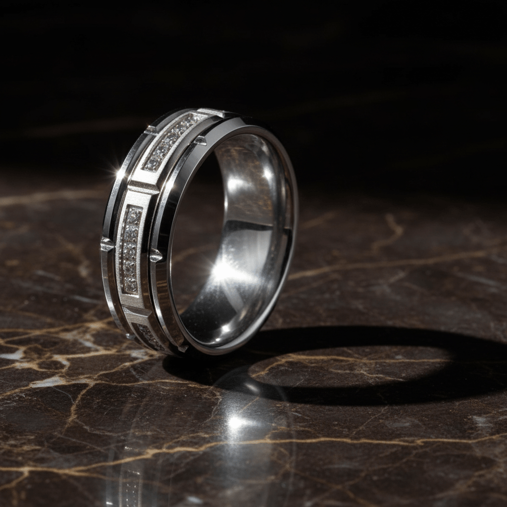 LUMORA — Luxury 3/4 angle on dark marble — men's tungsten wedding ring.