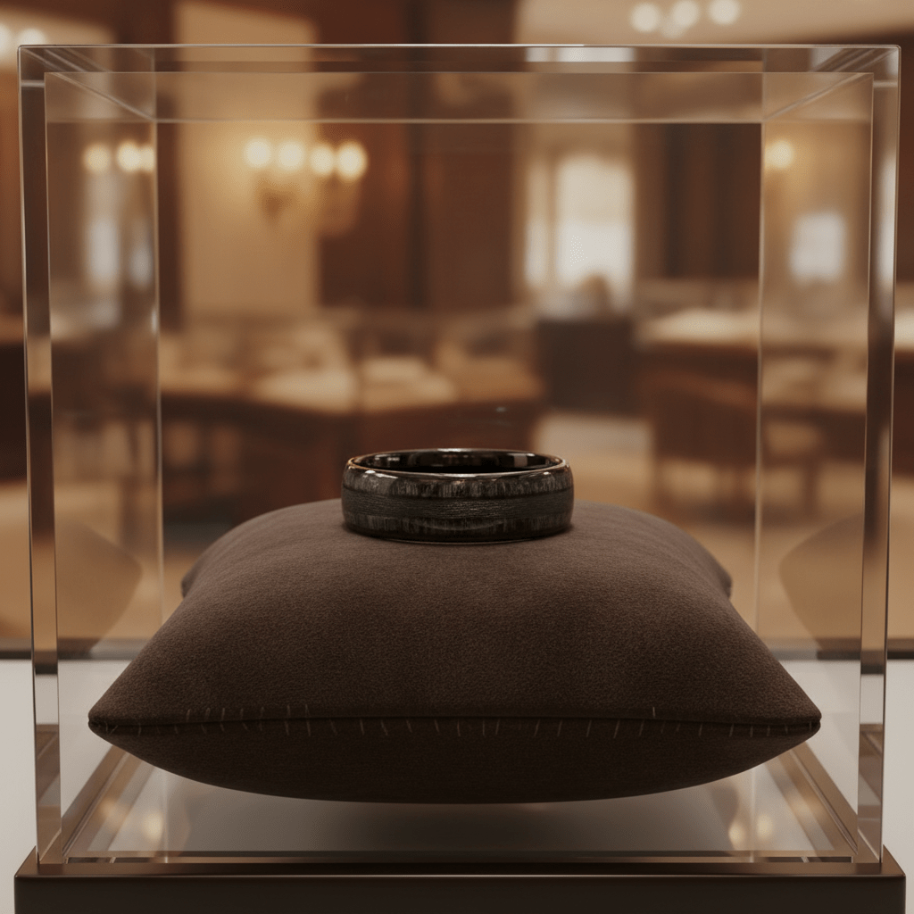LUQUE — Premium boutique display on velvet — men's tungsten wedding ring.