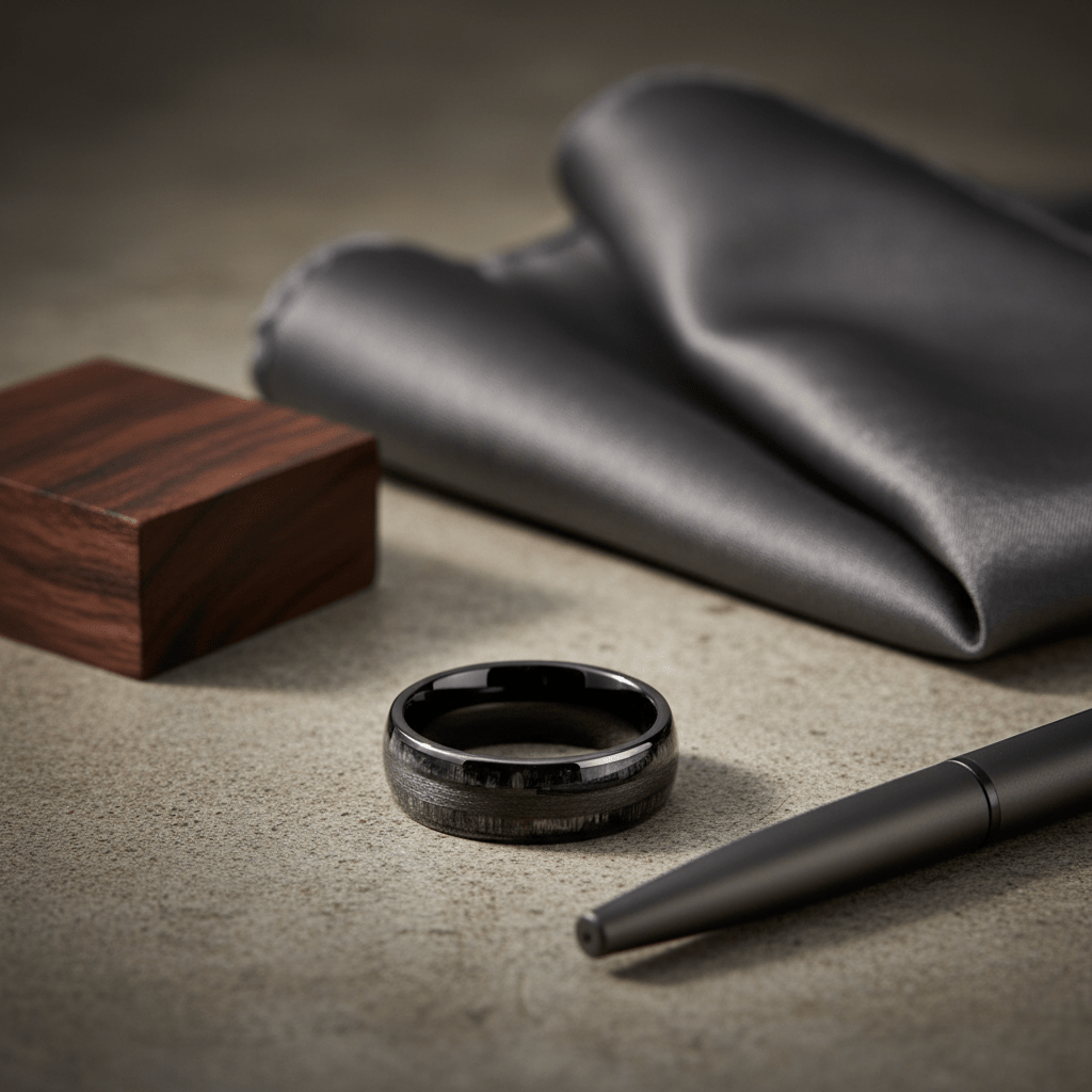 LUQUE — Editorial masculine still life — men's tungsten wedding ring.