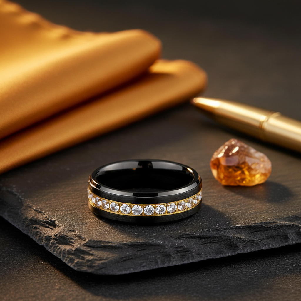 LUSTRE — Editorial masculine still life — men's tungsten wedding ring.