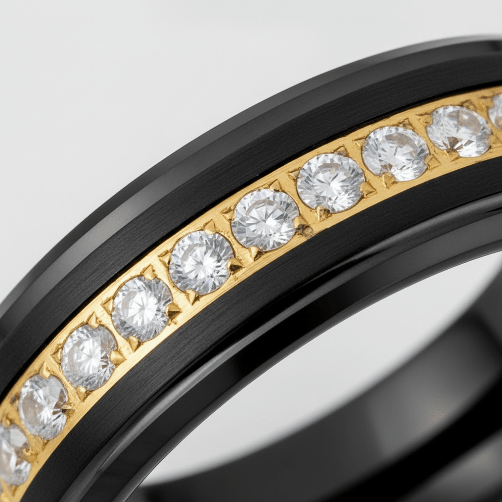 LUSTRE — Extreme macro detail — men's tungsten wedding ring.