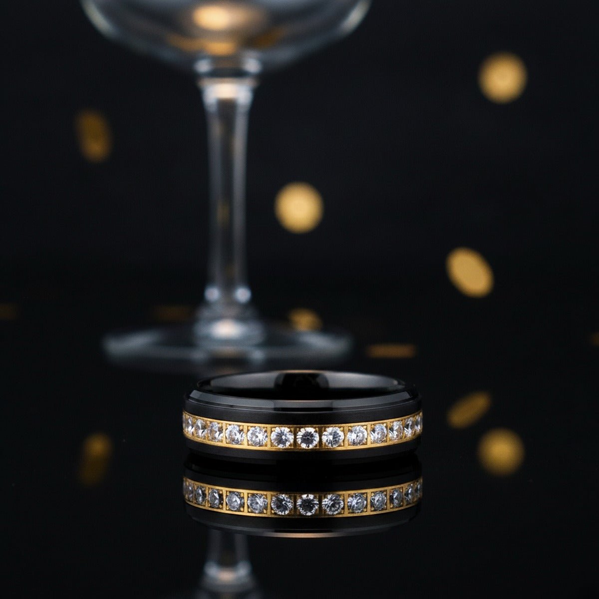 Aydins LUSTRE | Polished Black Tungsten Gold Center White CZ Beveled Wedding Ring 8mm lifestyle scene, new year crystal