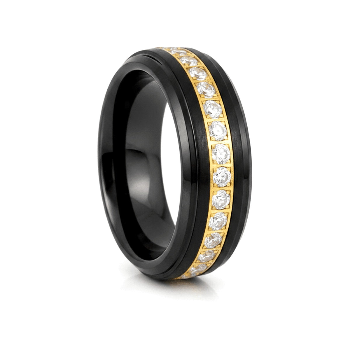 LUSTRE black tungsten wedding ring with gold center and white CZ accents - front view