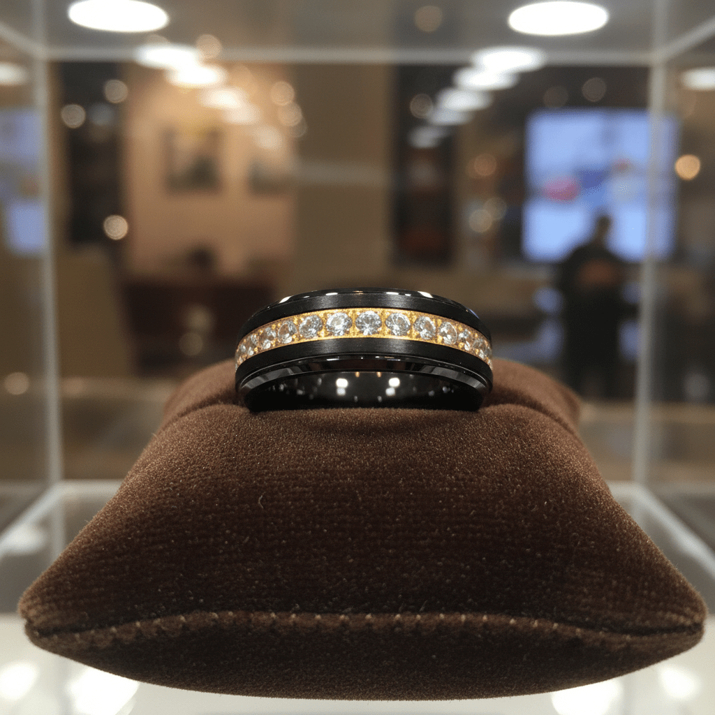 LUSTRE — Premium boutique display on velvet — men's tungsten wedding ring.