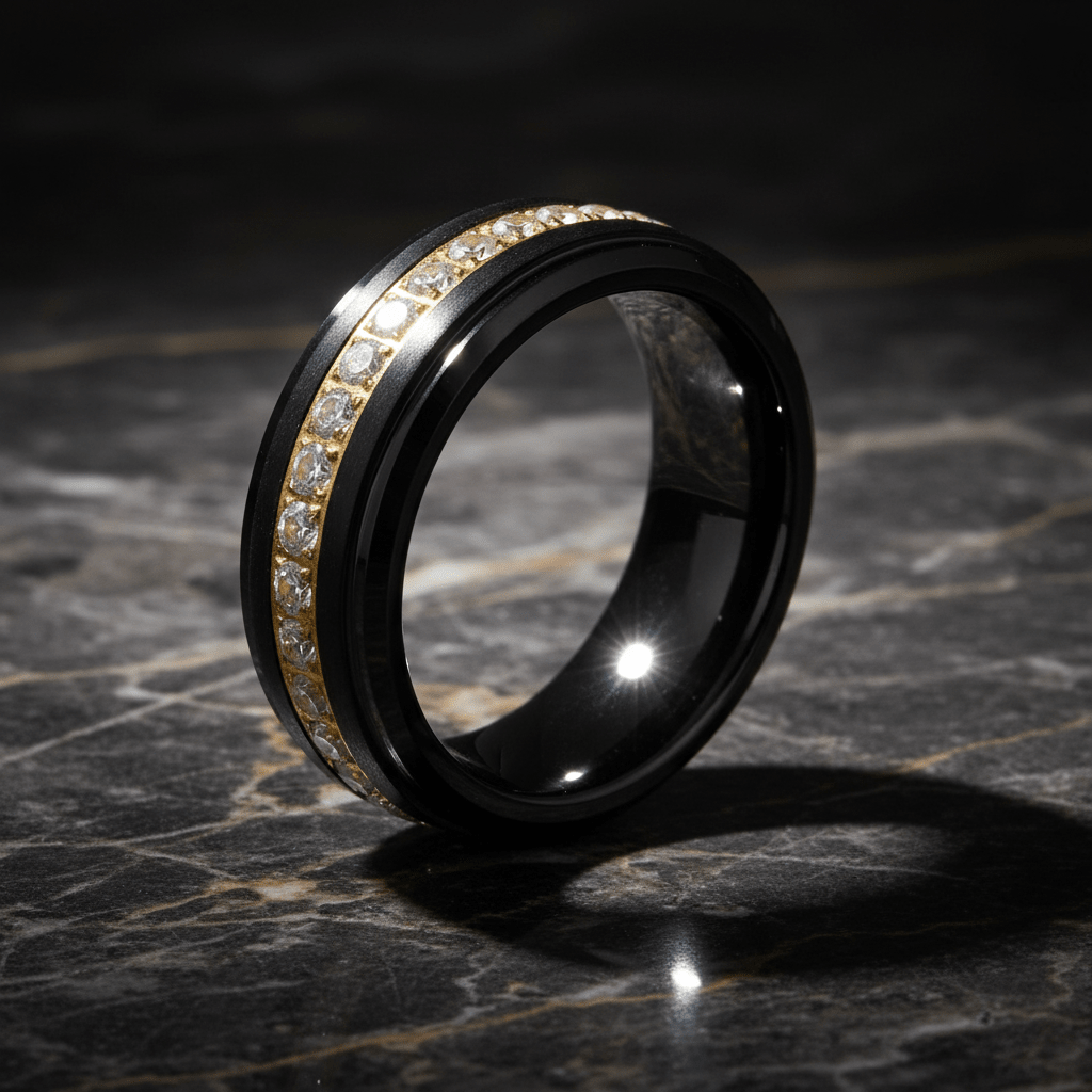 LUSTRE — Luxury 3/4 angle on dark marble — men's tungsten wedding ring.