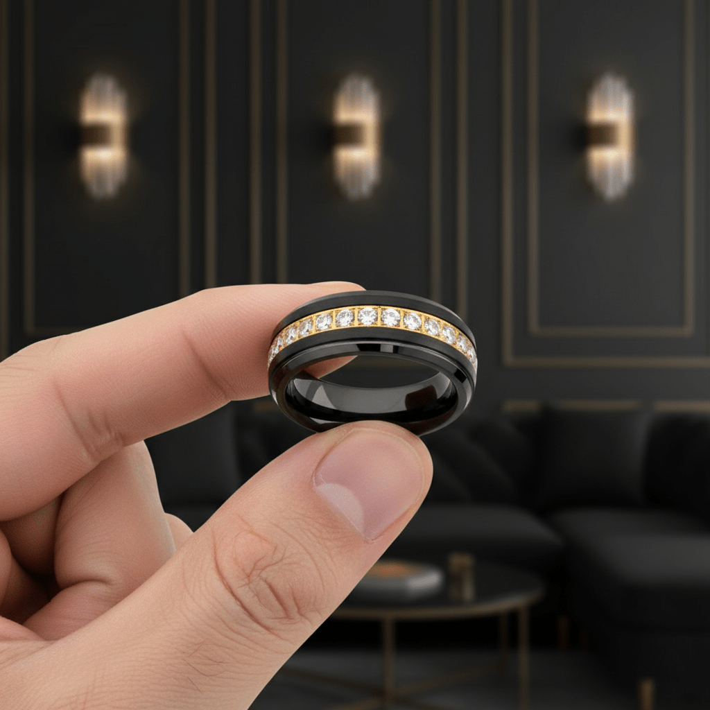 LUSTRE — Held between fingers close-up — men's tungsten wedding ring.