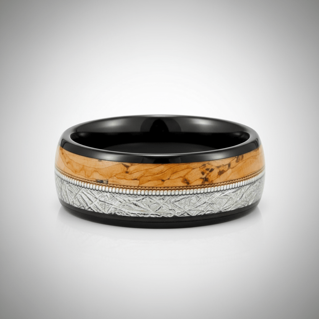 LYRIC — Center-through axial view — men's tungsten wedding ring.