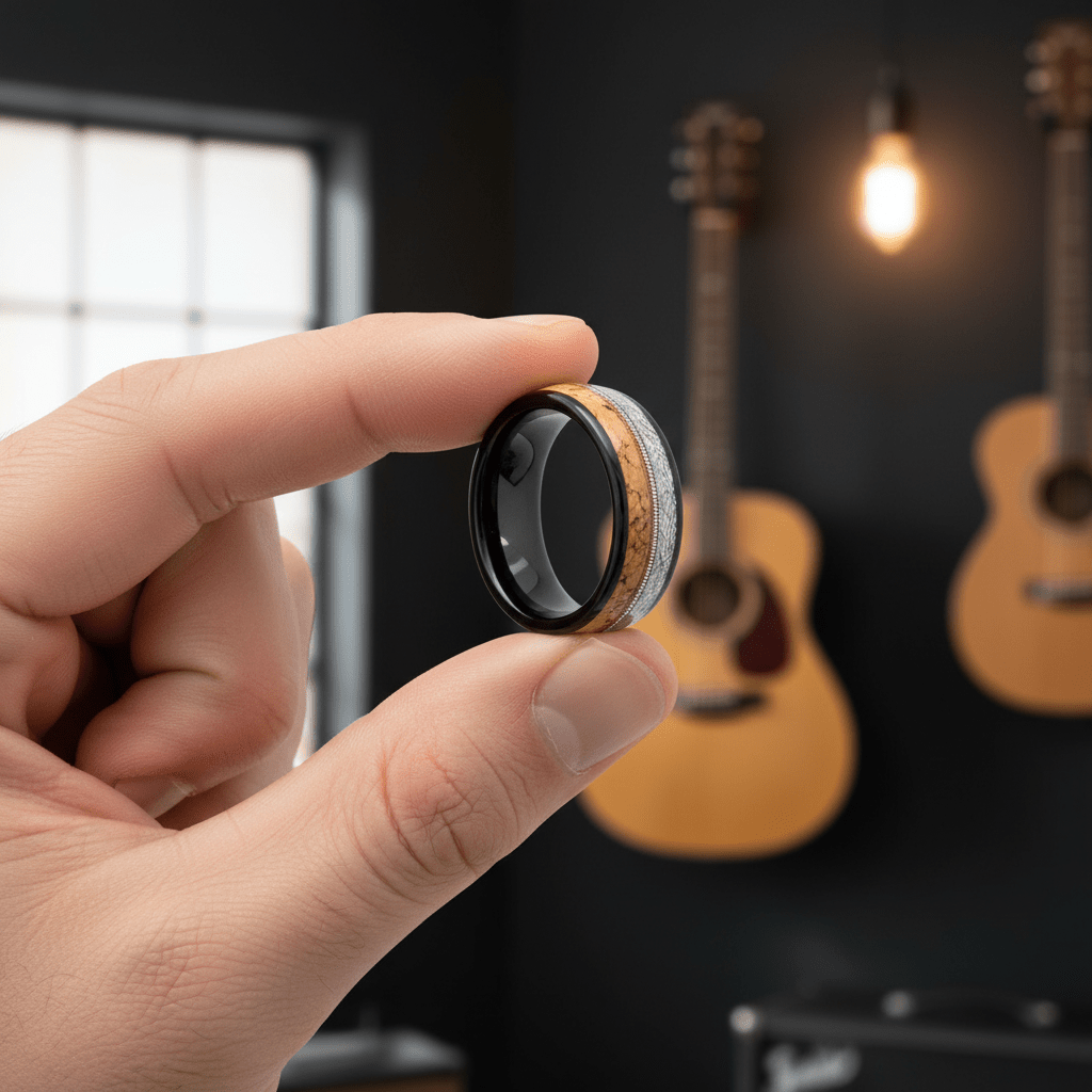 LYRIC — Held between fingers close-up — men's tungsten wedding ring.