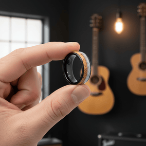 LYRIC — Held between fingers close-up — men's tungsten wedding ring.