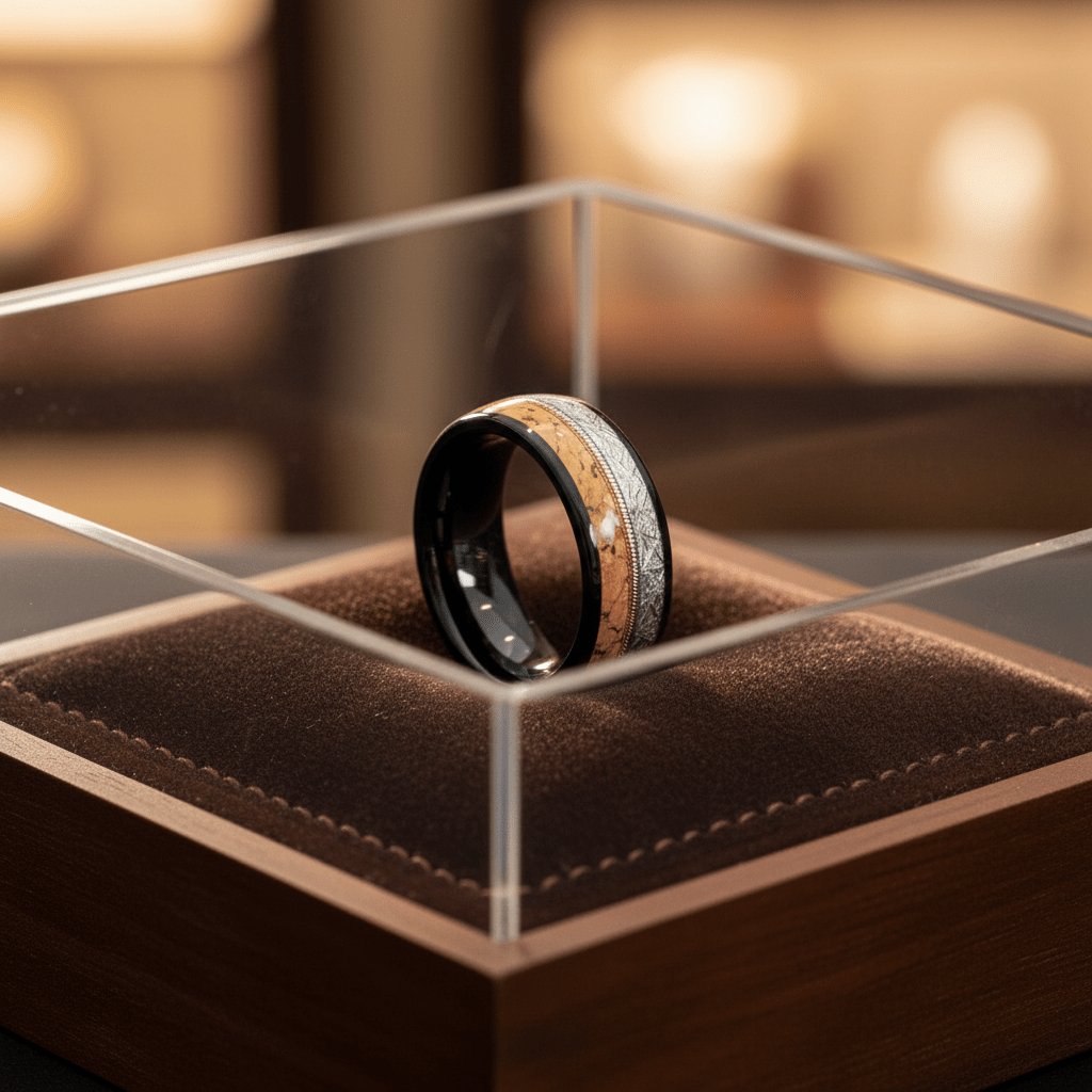 LYRIC — Premium boutique display on velvet — men's tungsten wedding ring.
