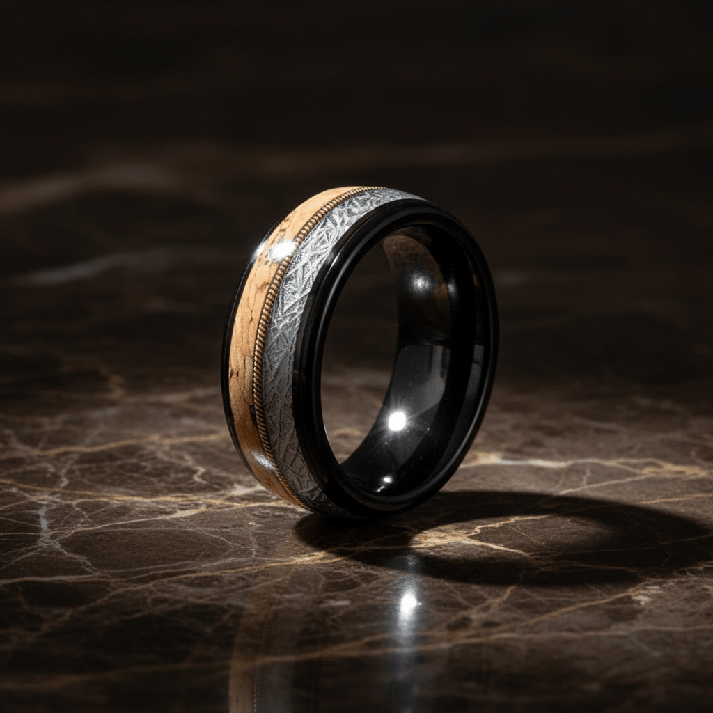 LYRIC — Luxury 3/4 angle on dark marble — men's tungsten wedding ring.