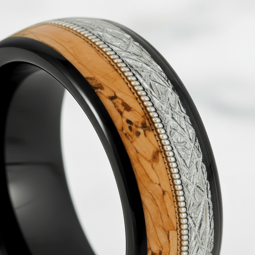 LYRIC — Extreme macro detail — men's tungsten wedding ring.