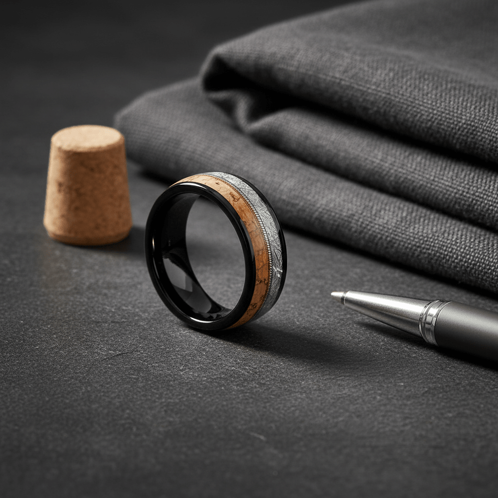 LYRIC — Editorial masculine still life — men's tungsten wedding ring.
