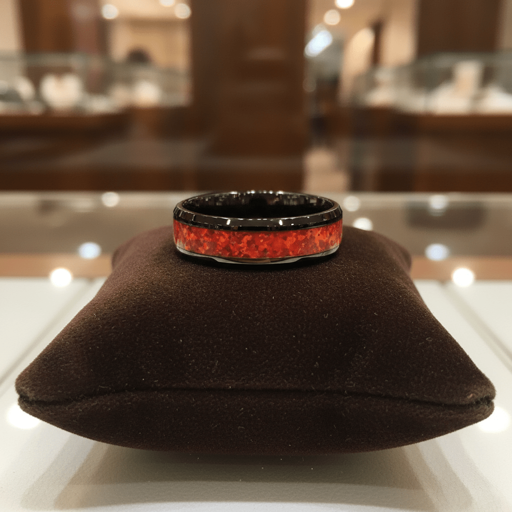 MAGICA — Premium boutique display on velvet — men's tungsten wedding ring.