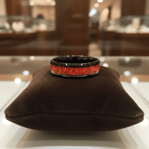 MAGICA — Premium boutique display on velvet — men's tungsten wedding ring.
