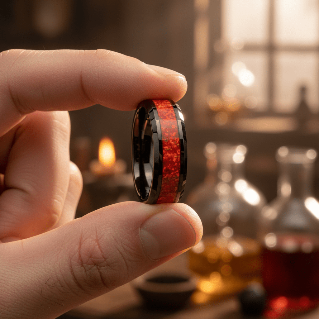 MAGICA — Held between fingers close-up — men's tungsten wedding ring.