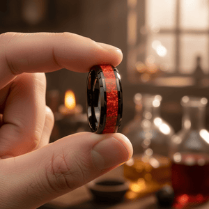 MAGICA — Held between fingers close-up — men's tungsten wedding ring.