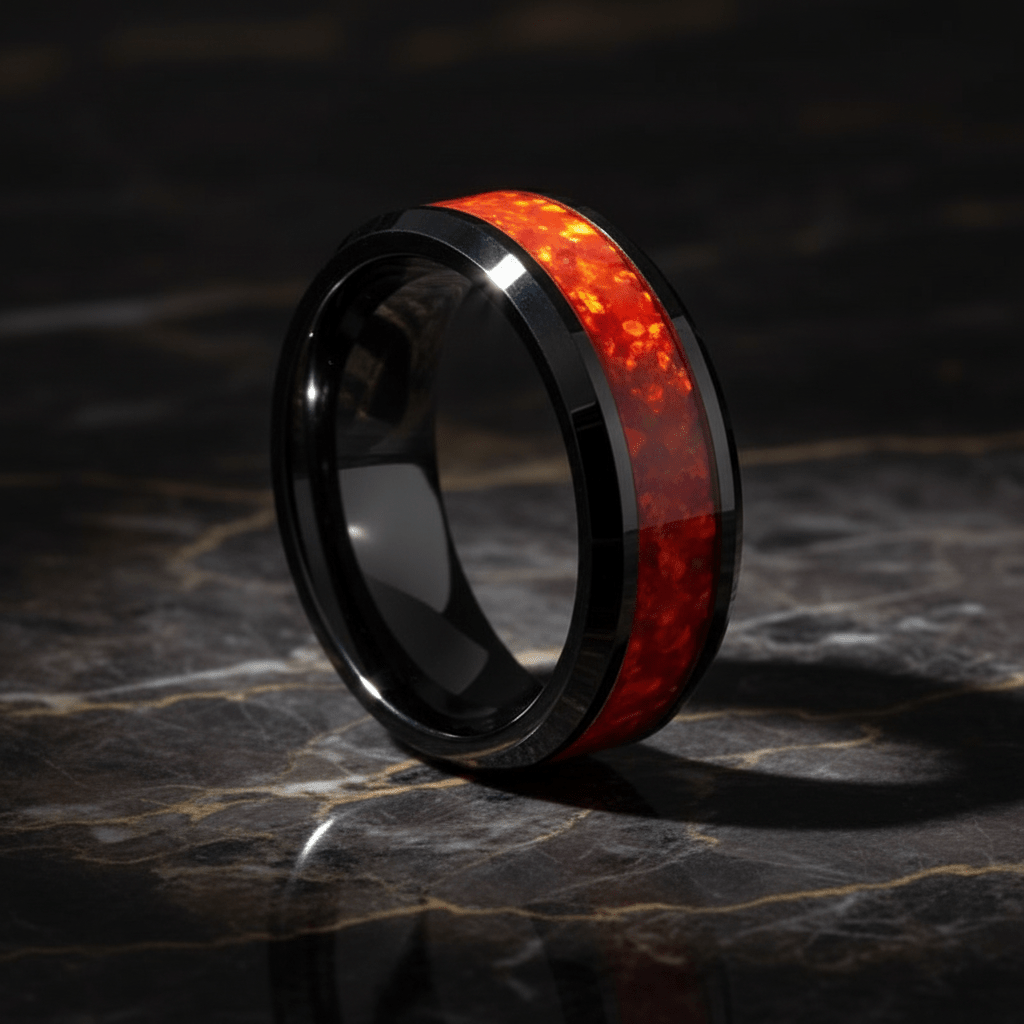 MAGICA — Luxury 3/4 angle on dark marble — men's tungsten wedding ring.