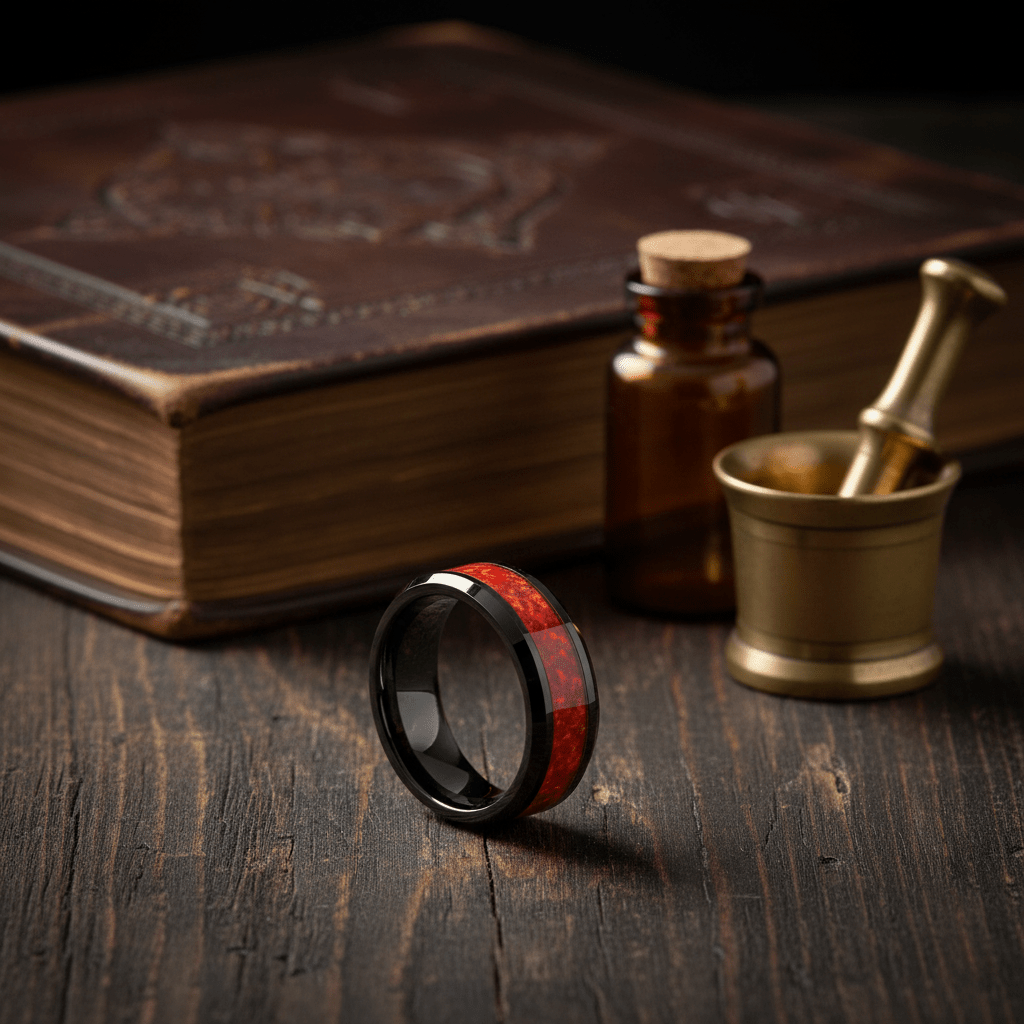 MAGICA — Editorial masculine still life — men's tungsten wedding ring.