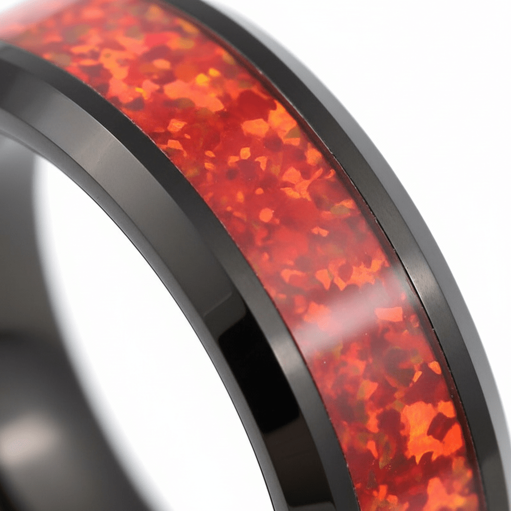 MAGICA — Extreme macro detail — men's tungsten wedding ring.