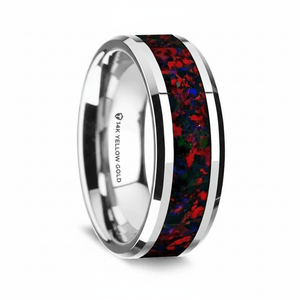 Red Opal inlay 14k yellow gold wedding band 8mm, close-up of inlay