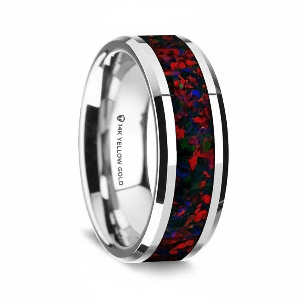 Red Opal inlay 14k yellow gold wedding band 8mm, close-up of inlay