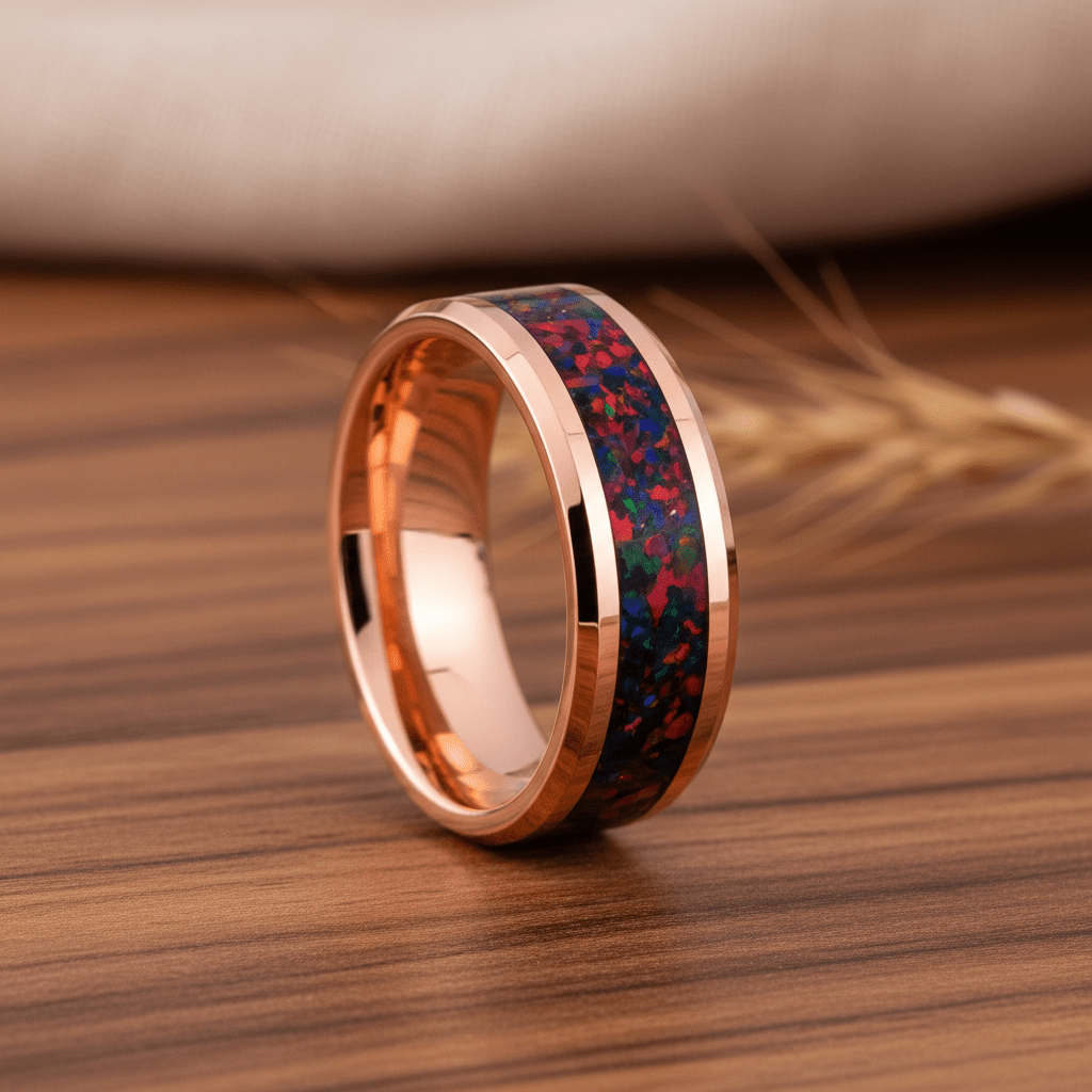 Red Opal inlay 14k yellow gold wedding band 8mm, additional view 10