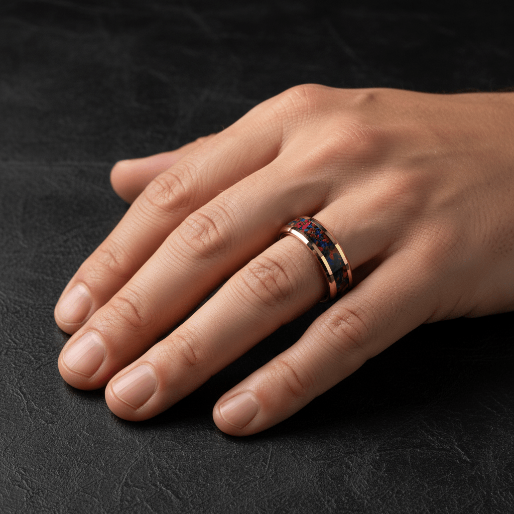 Red Opal inlay 14k yellow gold wedding band 8mm, angled view