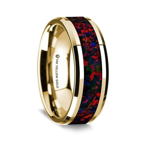 Red Opal inlay 14k yellow gold wedding band 8mm, side profile