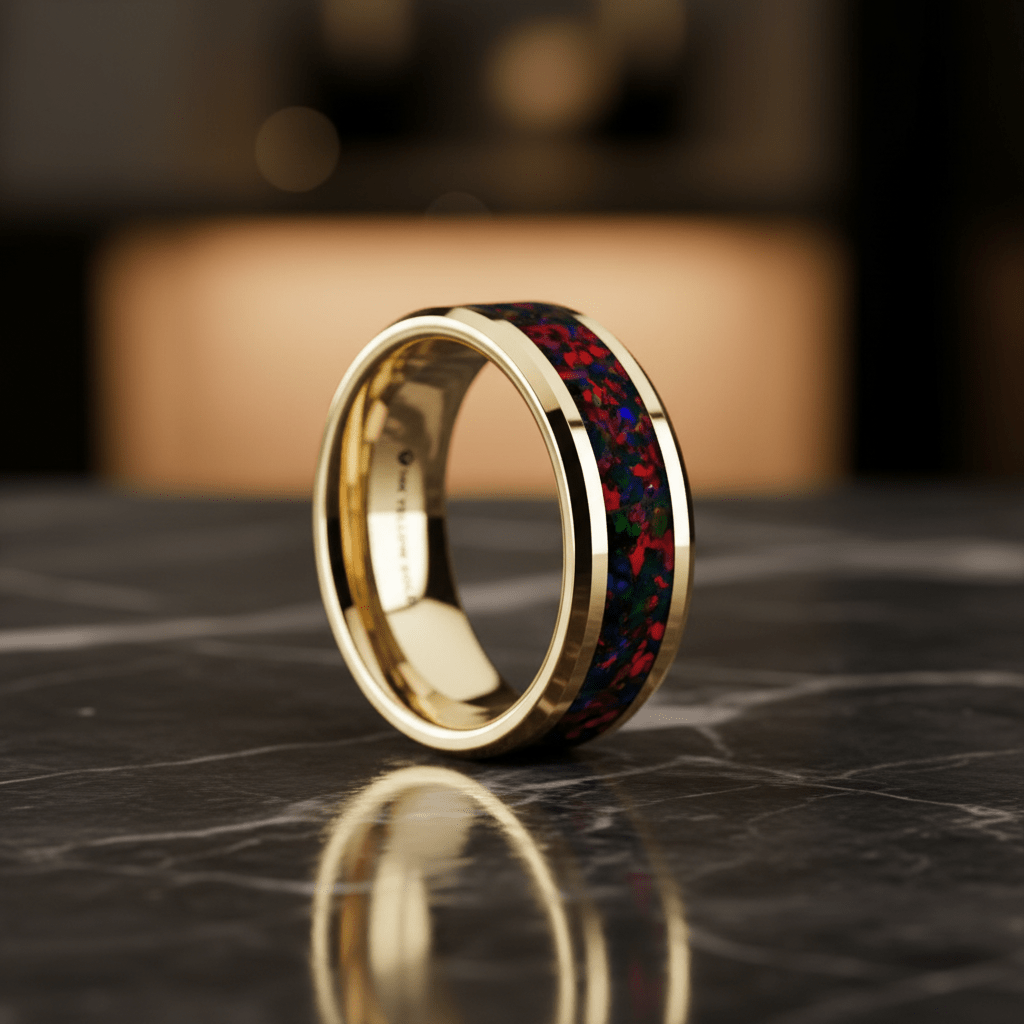 Red Opal inlay 14k yellow gold wedding band 8mm, additional view 8