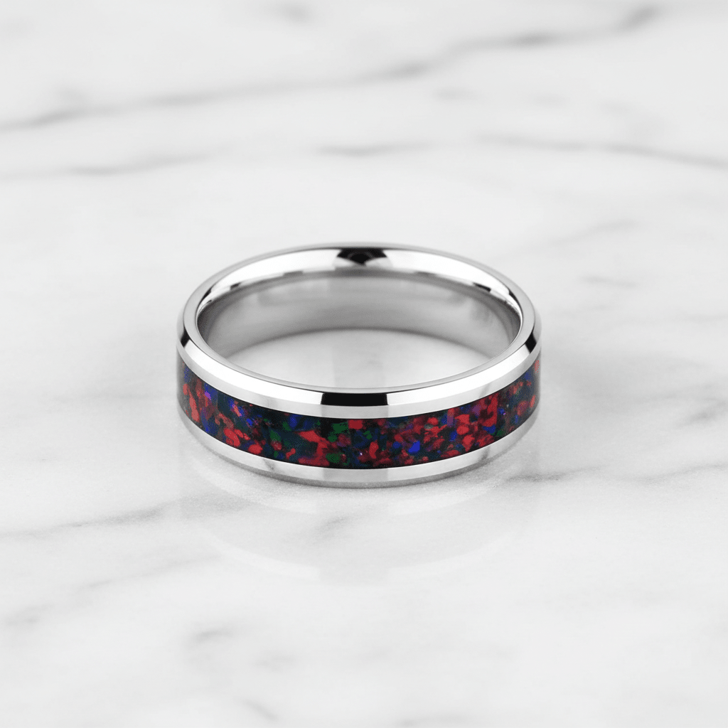 Red Opal inlay 14k yellow gold wedding band 8mm, additional view 9