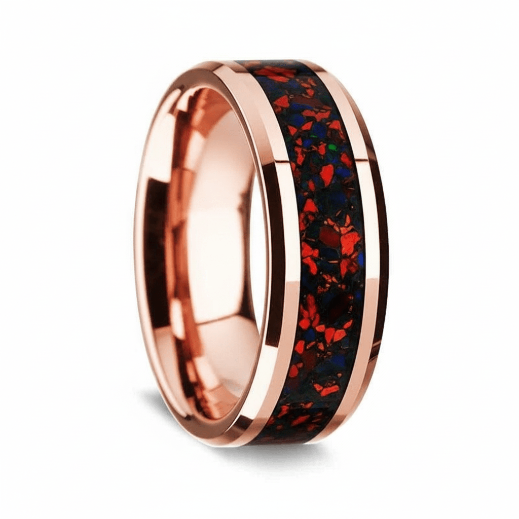 Red Opal inlay 14k yellow gold wedding band 8mm, additional view 6