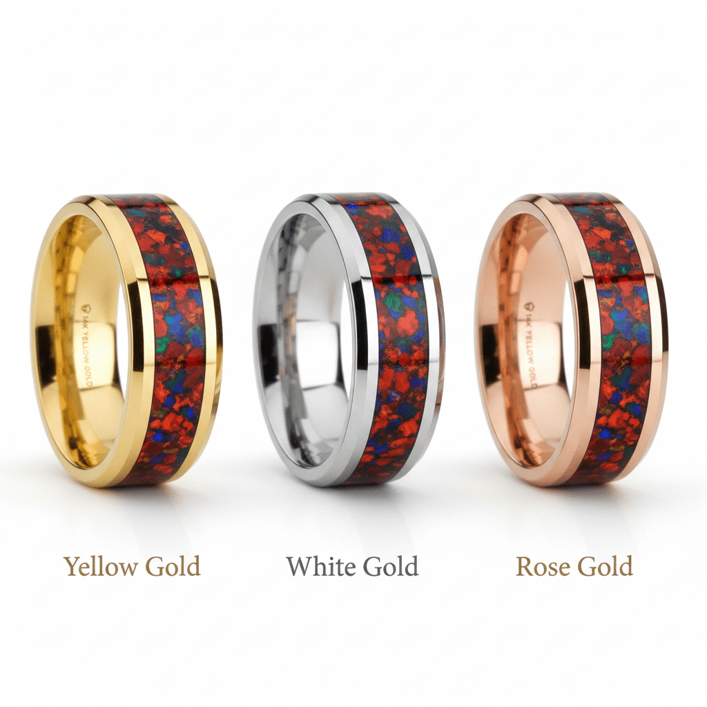 Red Opal inlay 14k yellow gold wedding band 8mm, top view
