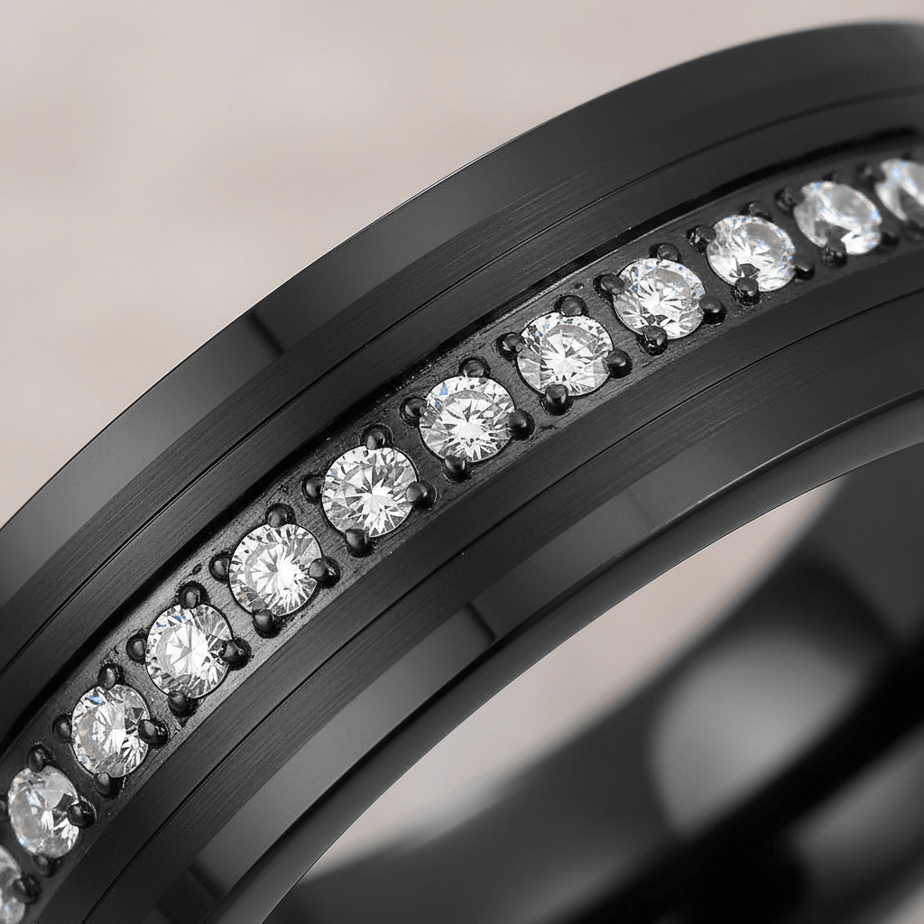MAJESTIC — Extreme macro detail — men's tungsten wedding ring.