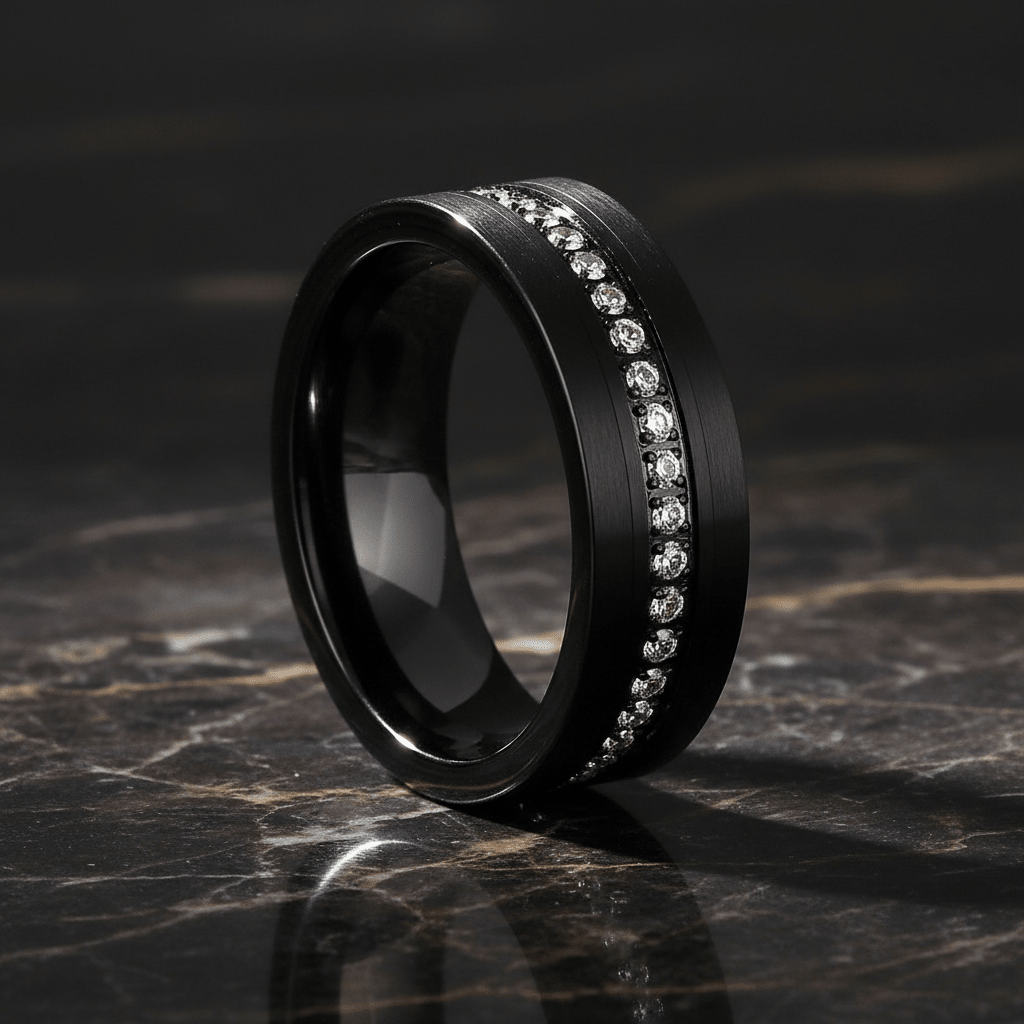 MAJESTIC — Luxury 3/4 angle on dark marble — men's tungsten wedding ring.