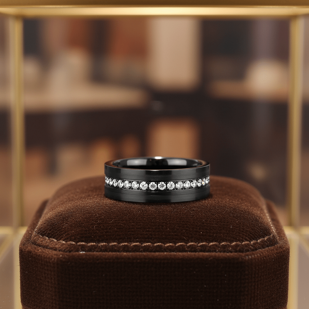 MAJESTIC — Premium boutique display on velvet — men's tungsten wedding ring.