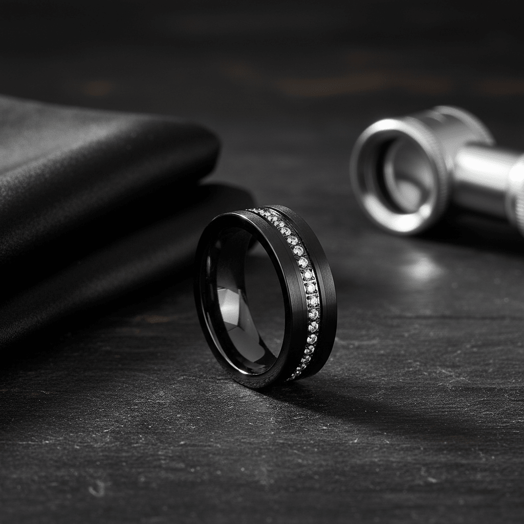 MAJESTIC — Editorial masculine still life — men's tungsten wedding ring.