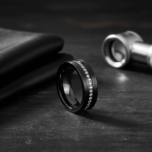 MAJESTIC — Editorial masculine still life — men's tungsten wedding ring.